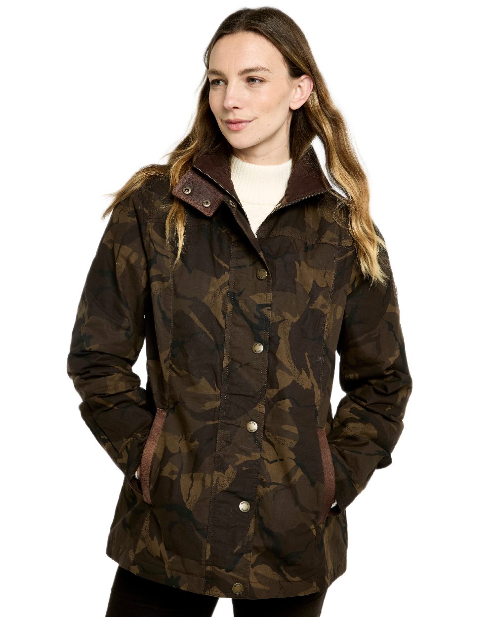 Brown Camo Coloured Dubarry Womens Mountrath LTD Limited Edition Waxed Cotton Jacket on white background 