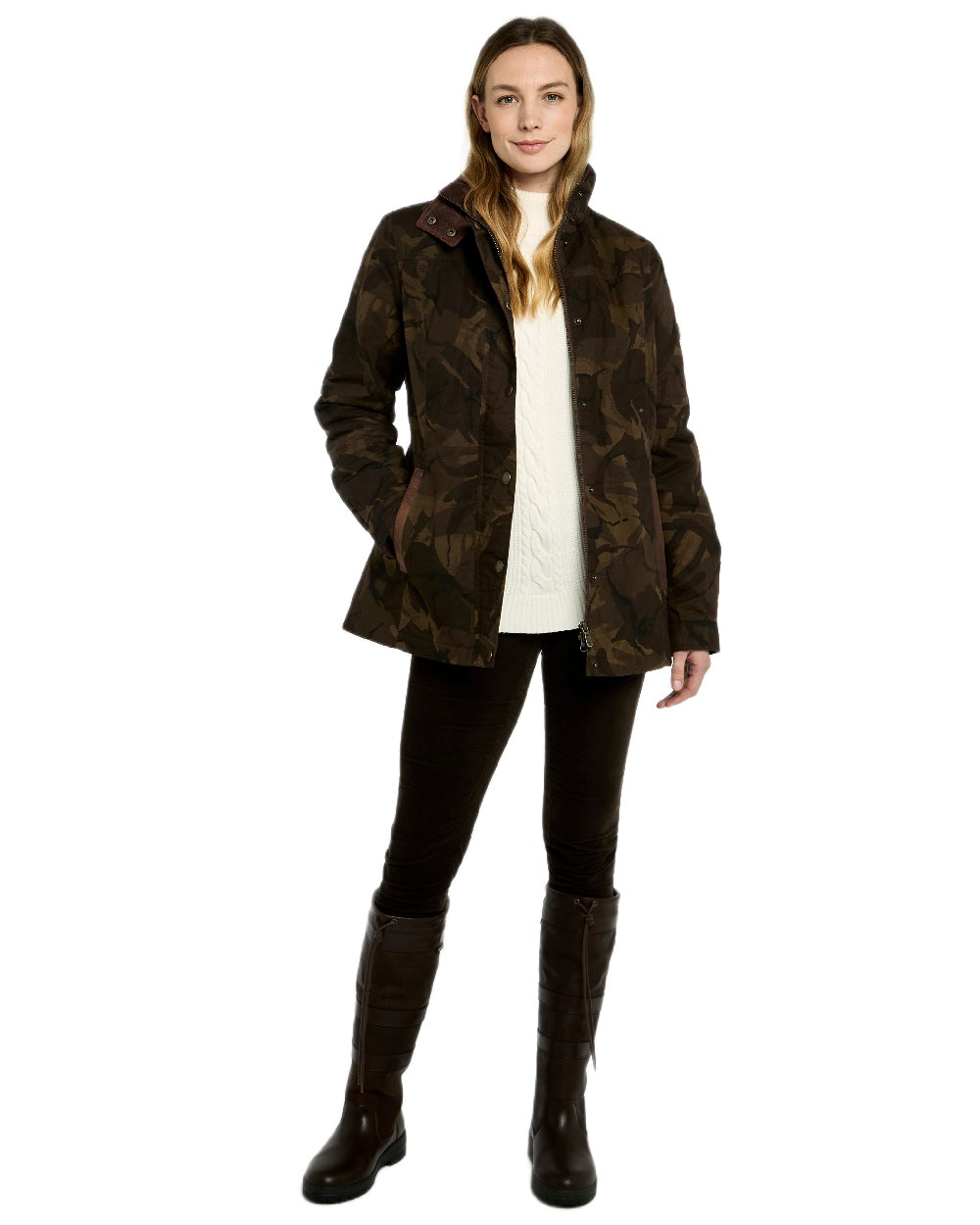 Brown Camo Coloured Dubarry Womens Mountrath LTD Limited Edition Waxed Cotton Jacket on white background 