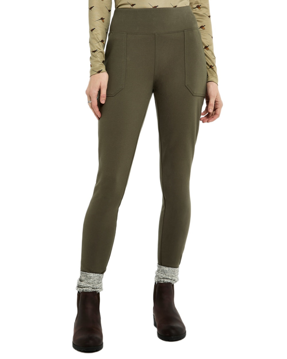 Olive coloured Dubarry Womens Pepperwort Leggings on white background 