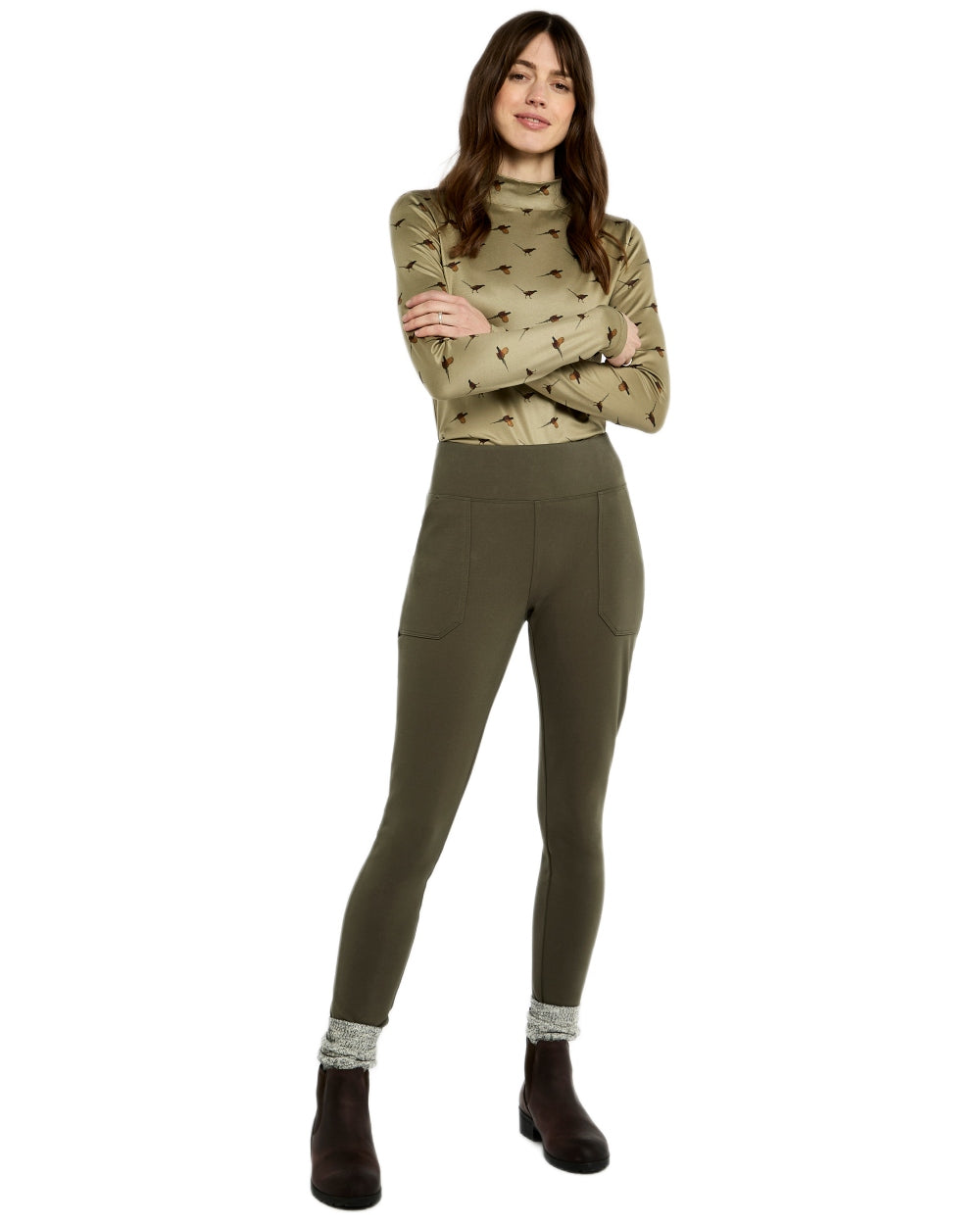Olive coloured Dubarry Womens Pepperwort Leggings on white background 