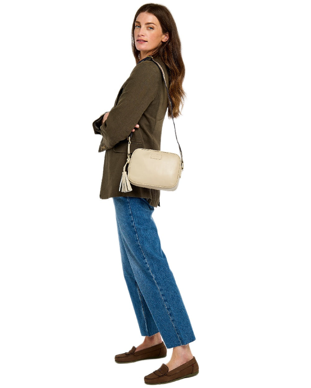 Oyster Coloured Dubarry Womens Rostrevor Cross Body Bag on outdoor background 