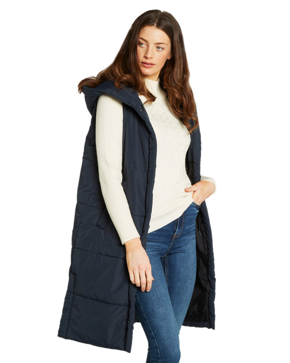 Navy Coloured Dubarry Womens Ryan Hooded Gilet on white background 