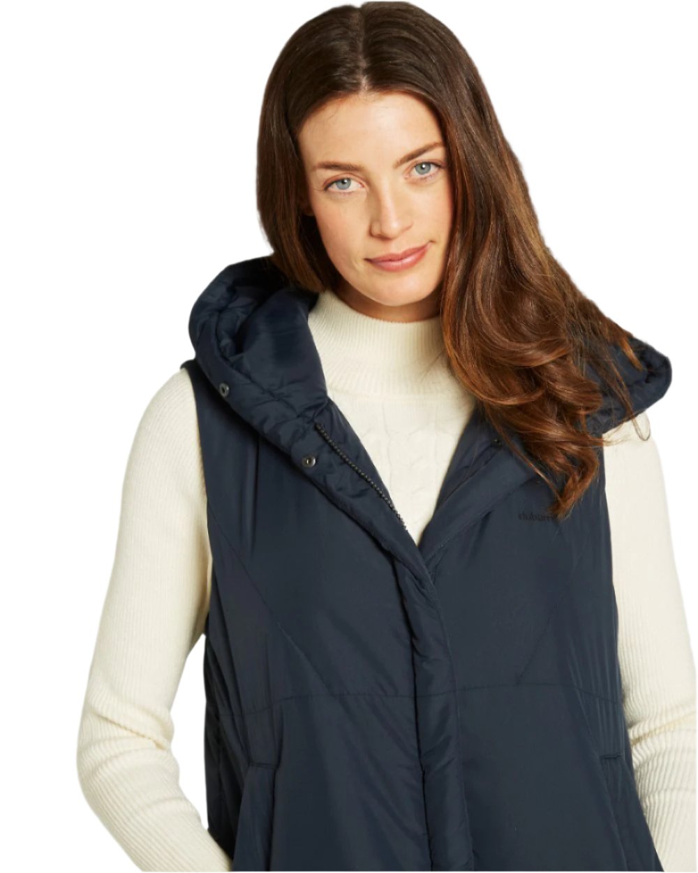 Navy Coloured Dubarry Womens Ryan Hooded Gilet on white background 