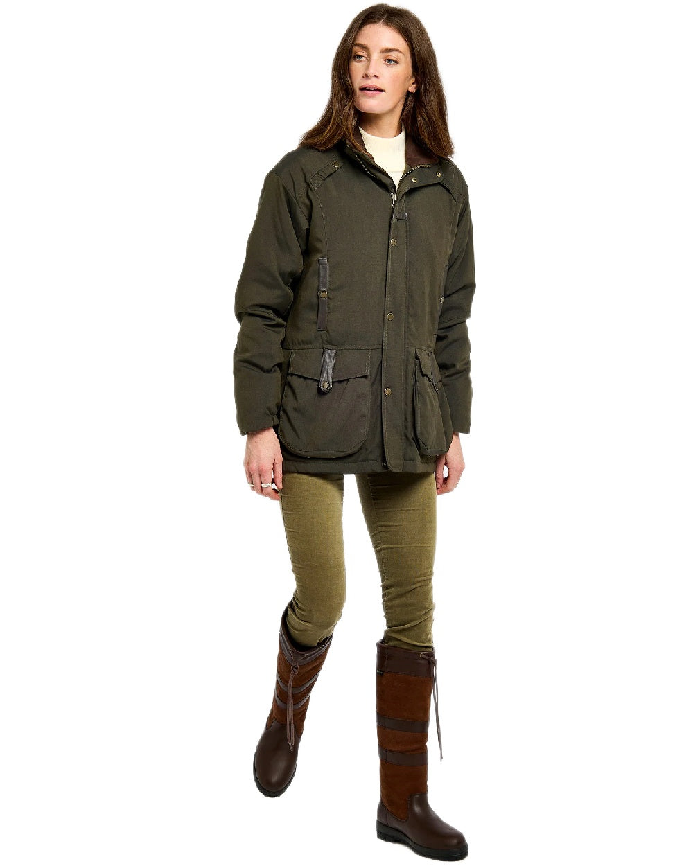 Olive Coloured Dubarry Womens Sherwood Jacket on white background 