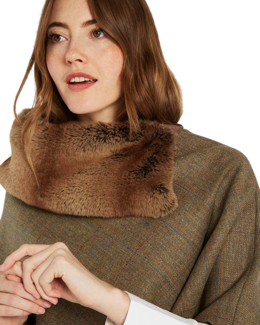 Burren Coloured Dubarry Womens Silverfir Tweed Poncho on white background 