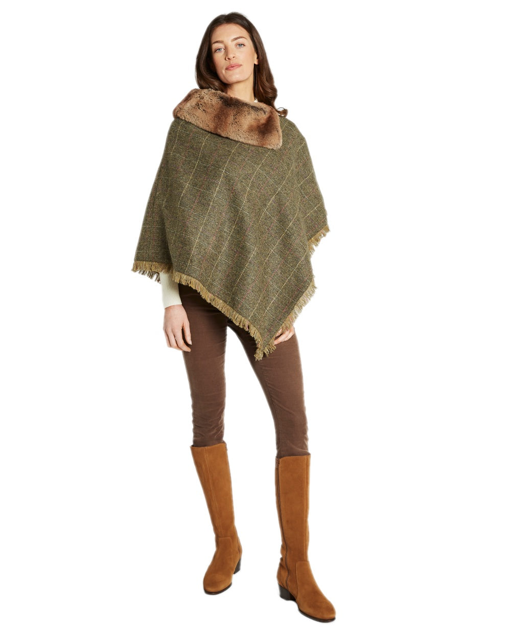 Thistle Coloured Dubarry Womens Silverfir Tweed Poncho on white background 