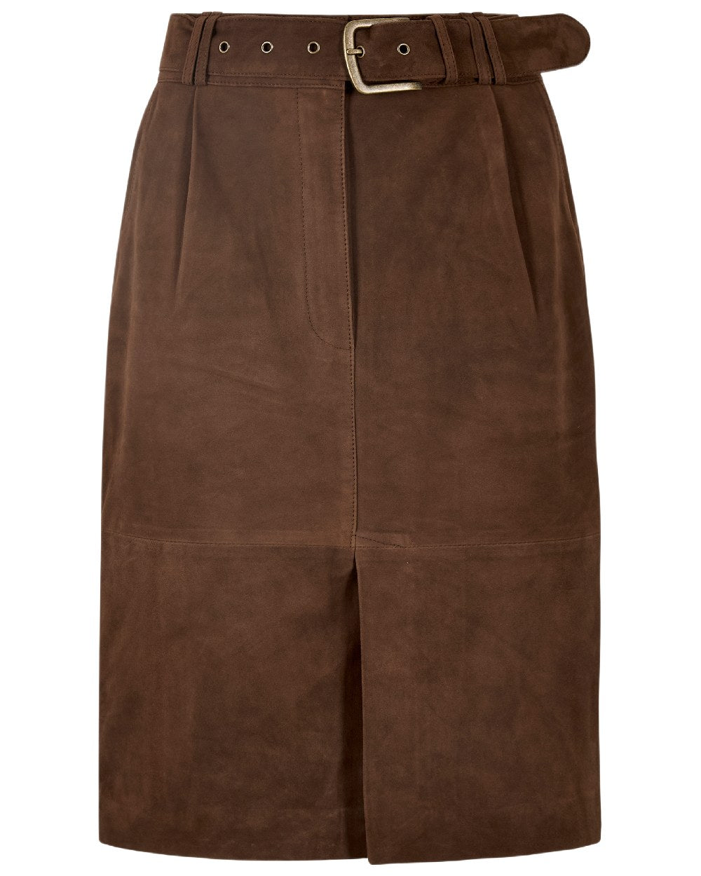 Walnut Coloured Dubarry Womens Sullivan Knee Length Belted Suede Skirt on white background 