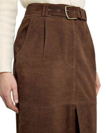 Walnut Coloured Dubarry Womens Sullivan Knee Length Belted Suede Skirt on white background 