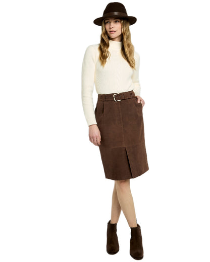 Walnut Coloured Dubarry Womens Sullivan Knee Length Belted Suede Skirt on white background 