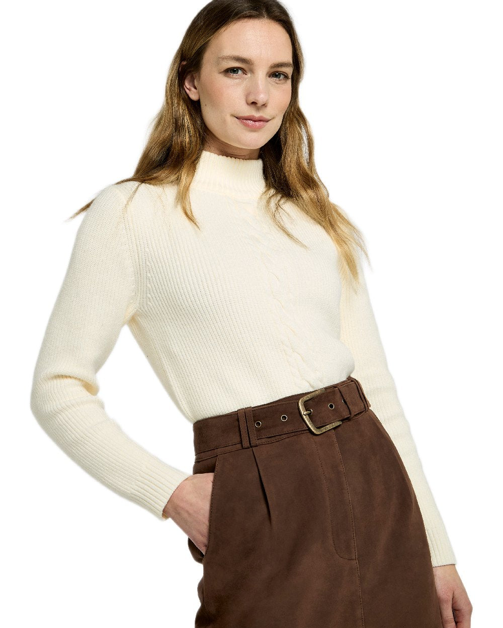 Walnut Coloured Dubarry Womens Sullivan Knee Length Belted Suede Skirt on white background 