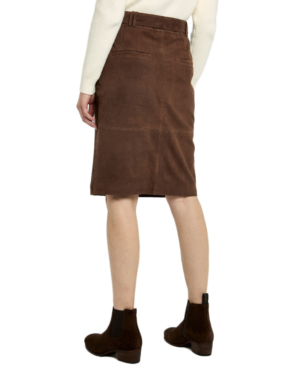 Walnut Coloured Dubarry Womens Sullivan Knee Length Belted Suede Skirt on white background 