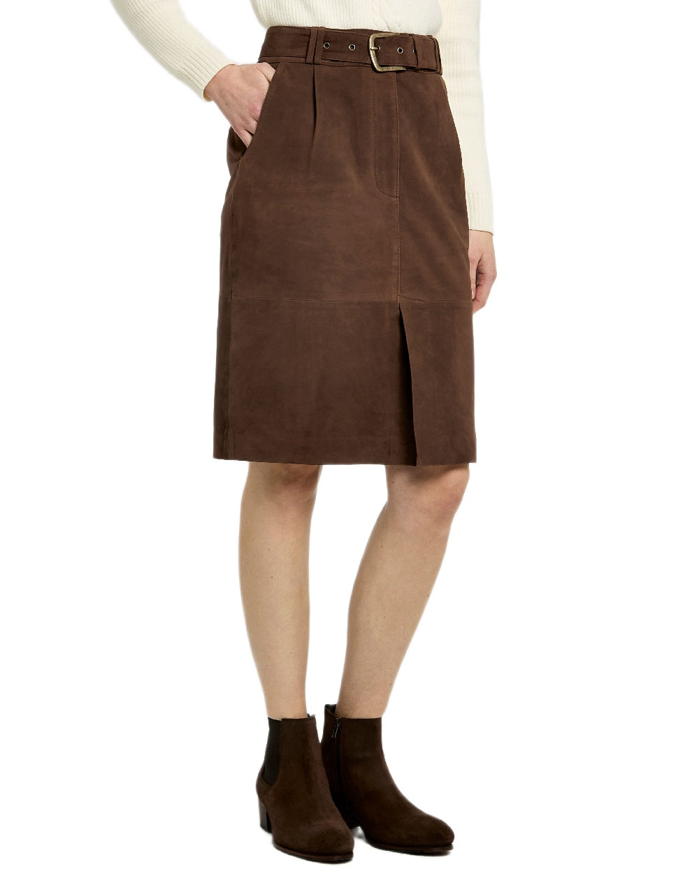 Walnut Coloured Dubarry Womens Sullivan Knee Length Belted Suede Skirt on white background 