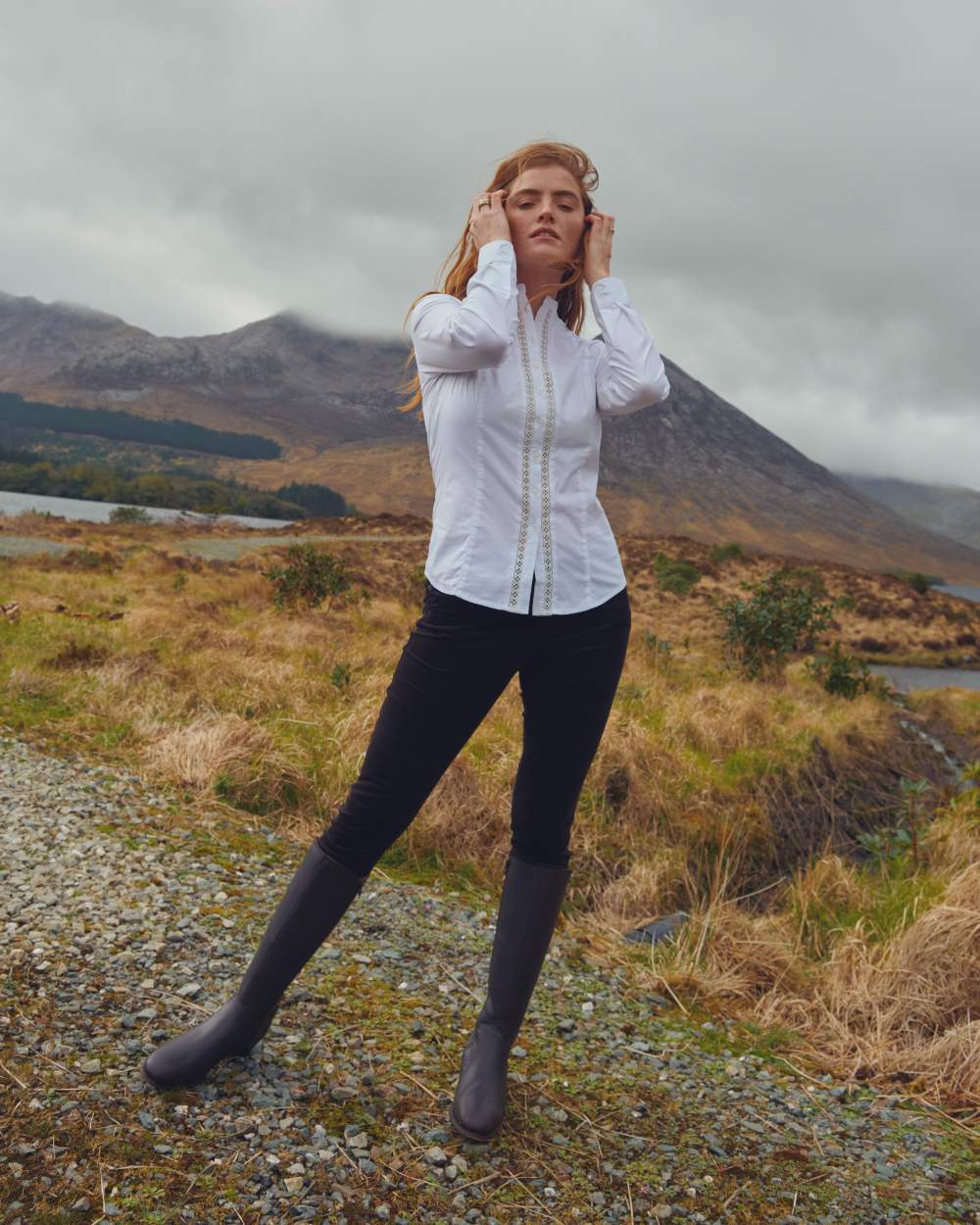 White Coloured Dubarry Womens Waterlily Mandarin Collar Shirt on mountain background 