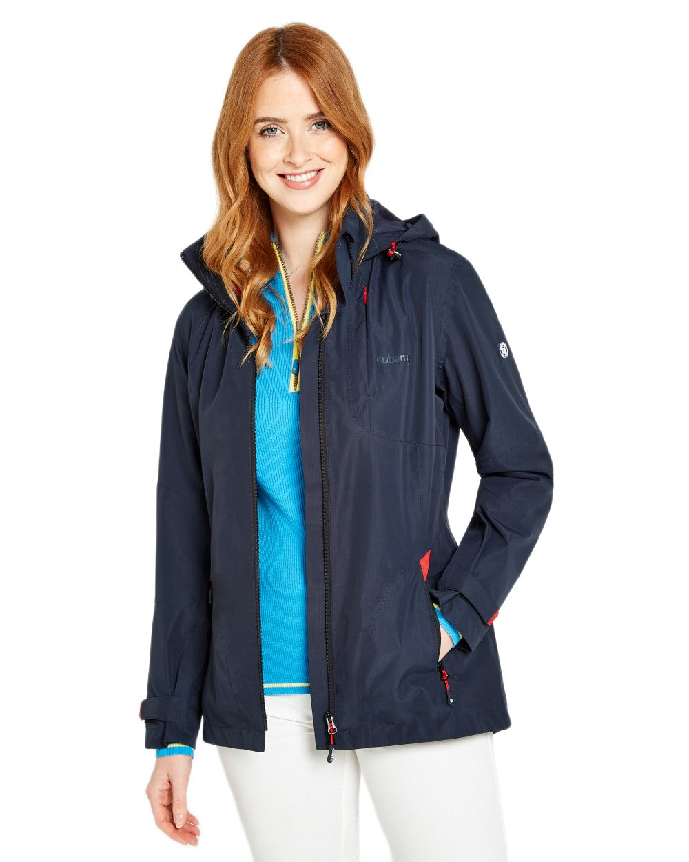 Navy coloured Dubarry Capeclear Waterproof Jacket on white background 