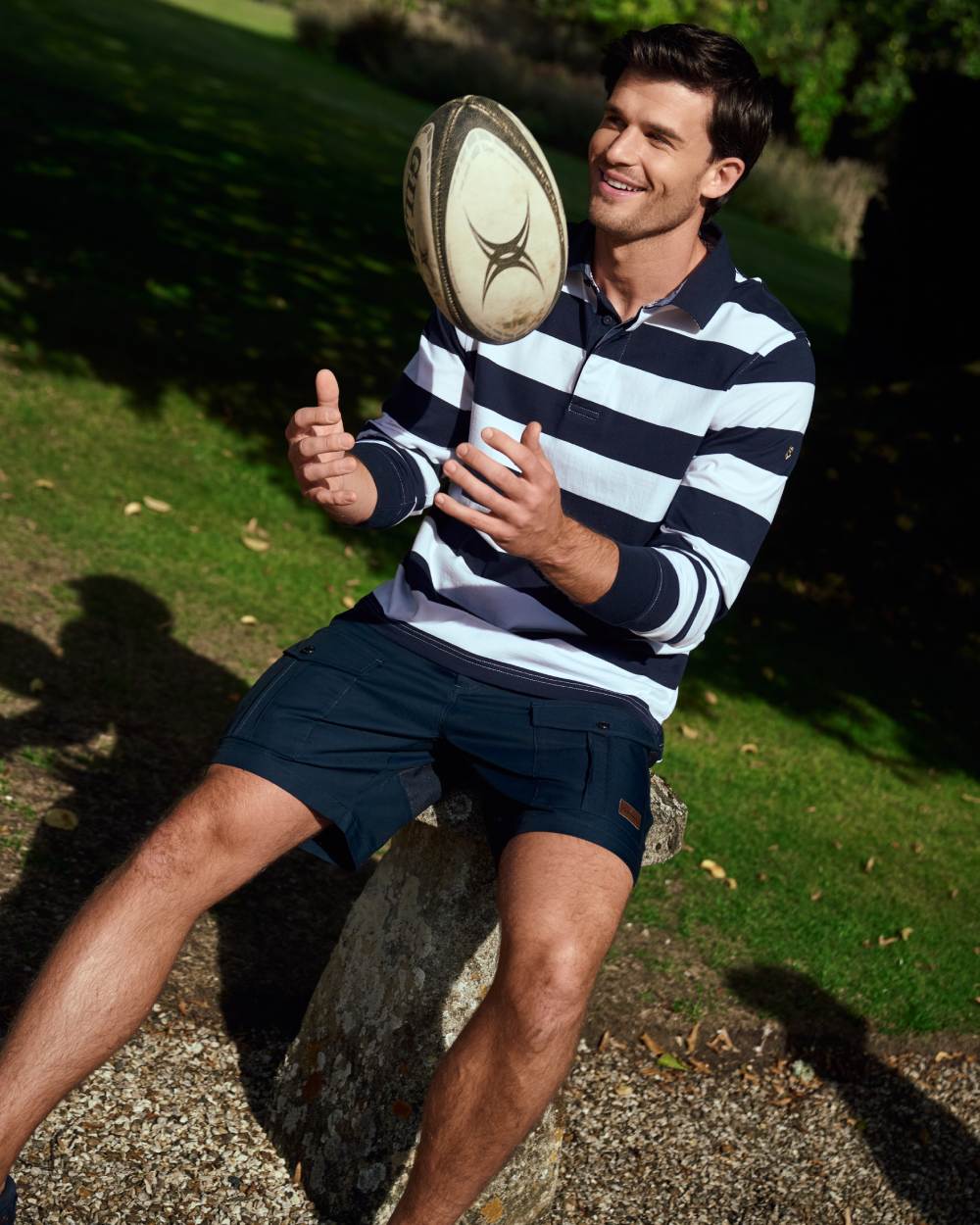Navy Multi coloured Dubarry Mens Goresbridge Rugby Top on park background 