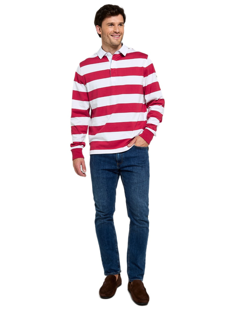 Red Multi coloured Dubarry Mens Goresbridge Rugby Top on white background 