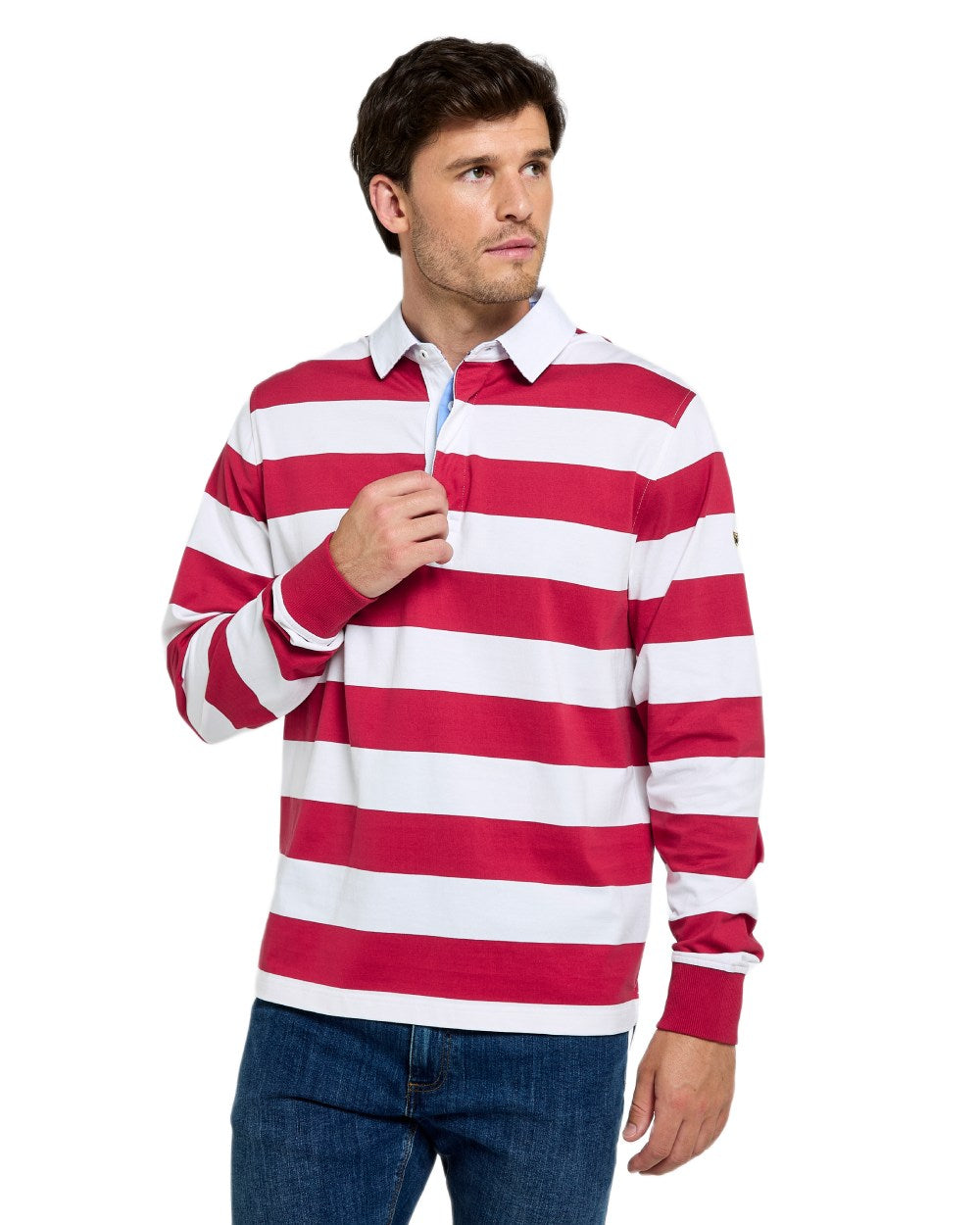 Red Multi coloured Dubarry Mens Goresbridge Rugby Top on white background 