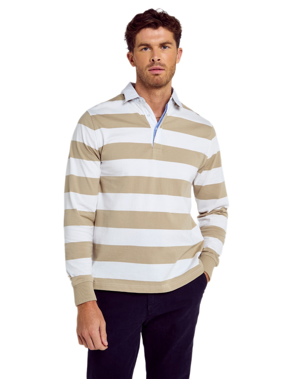 Sand Multi coloured Dubarry Mens Goresbridge Rugby Top on white background 