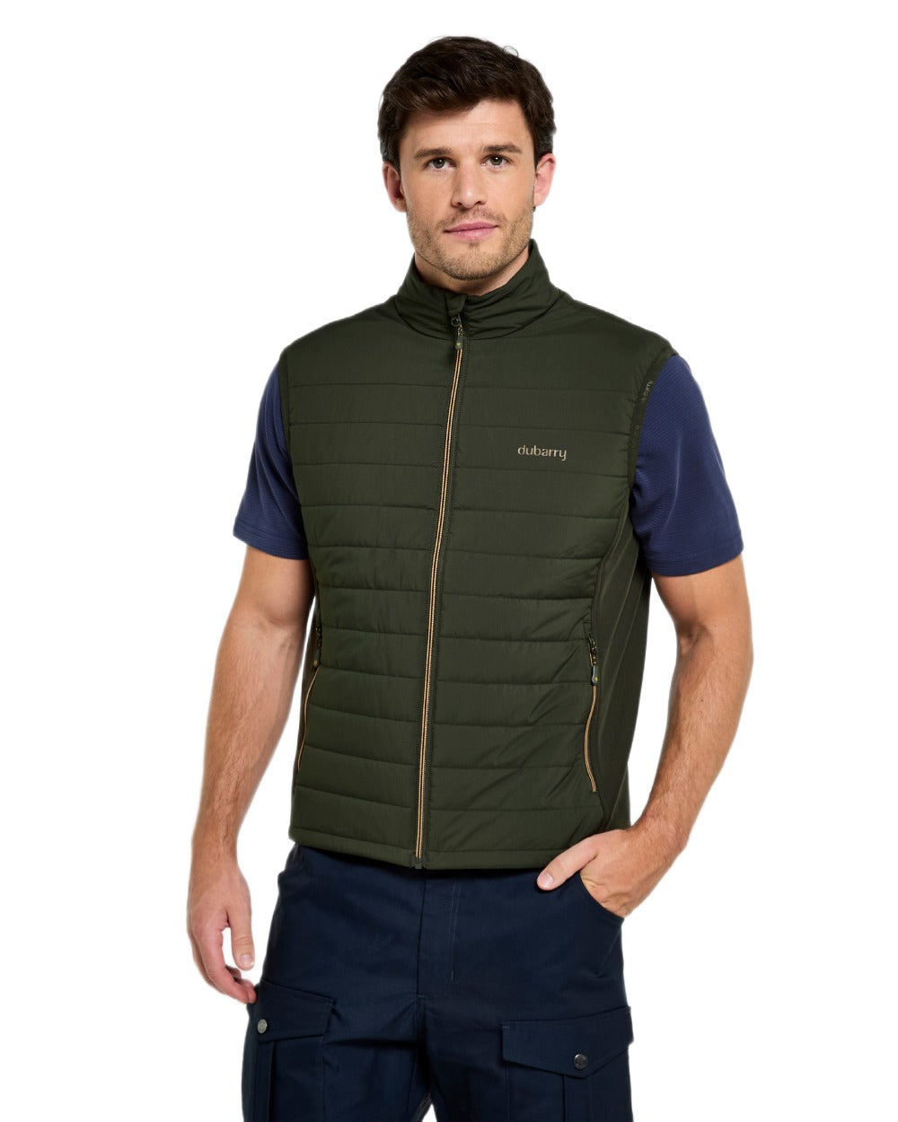 Olive coloured Dubarry Mens Solent Lightweight Hybrid Gilet on white background 