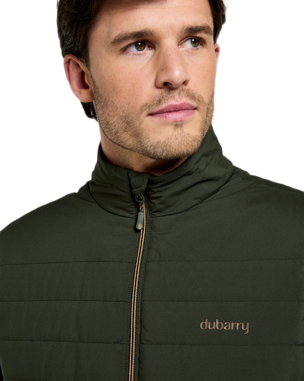 Olive coloured Dubarry Mens Solent Lightweight Hybrid Gilet on white background 