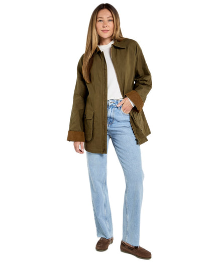 Dusky Green coloured Dubarry Womens Delaney Waxed Cotton Utility Jacket on white background 