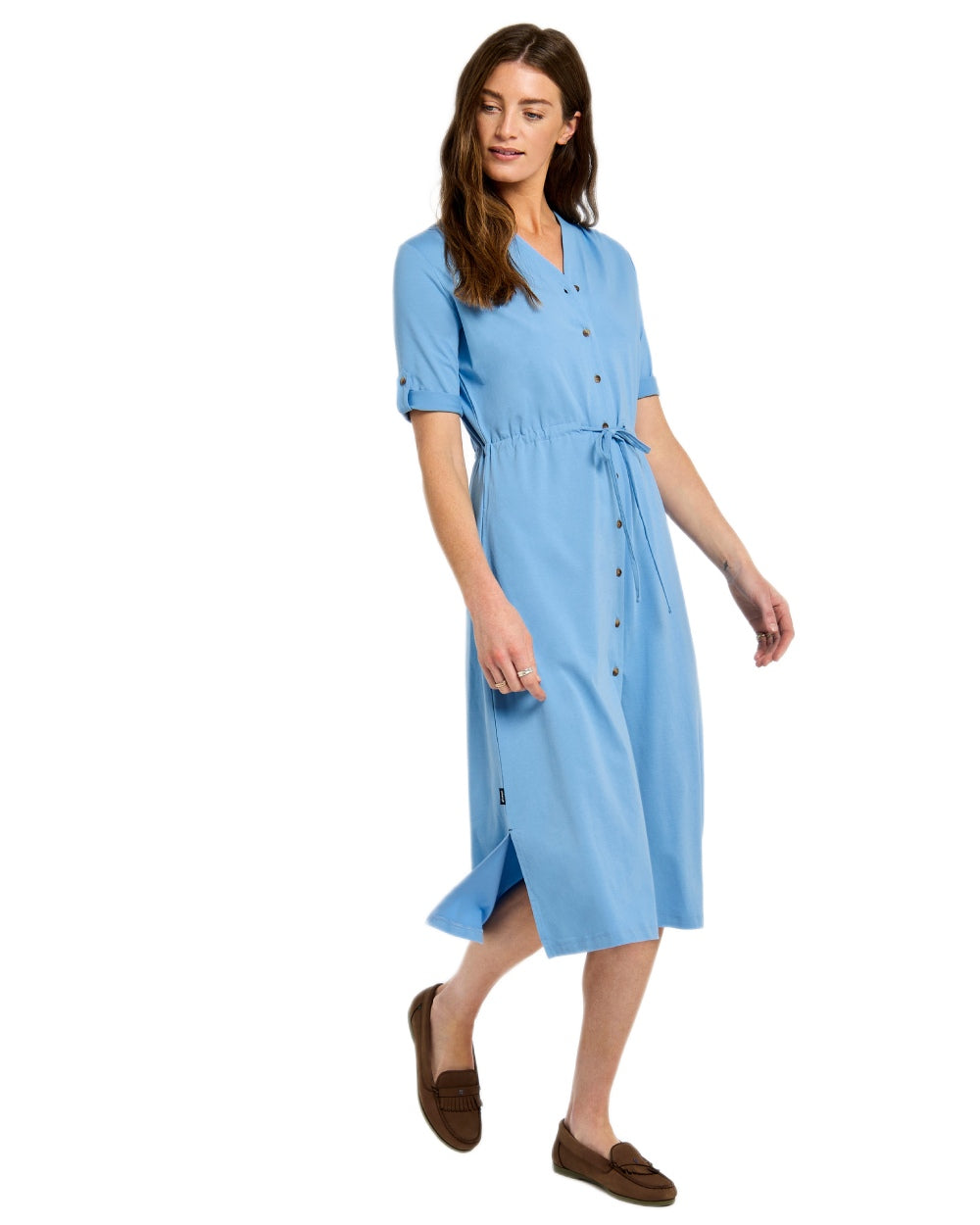Azure Blue coloured Dubarry Womens Hanlon Midi Length Shirt Dress on white background 