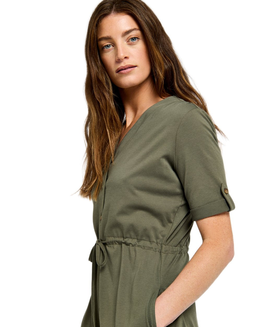 Kelp coloured Dubarry Womens Hanlon Midi Length Shirt Dress on white background 
