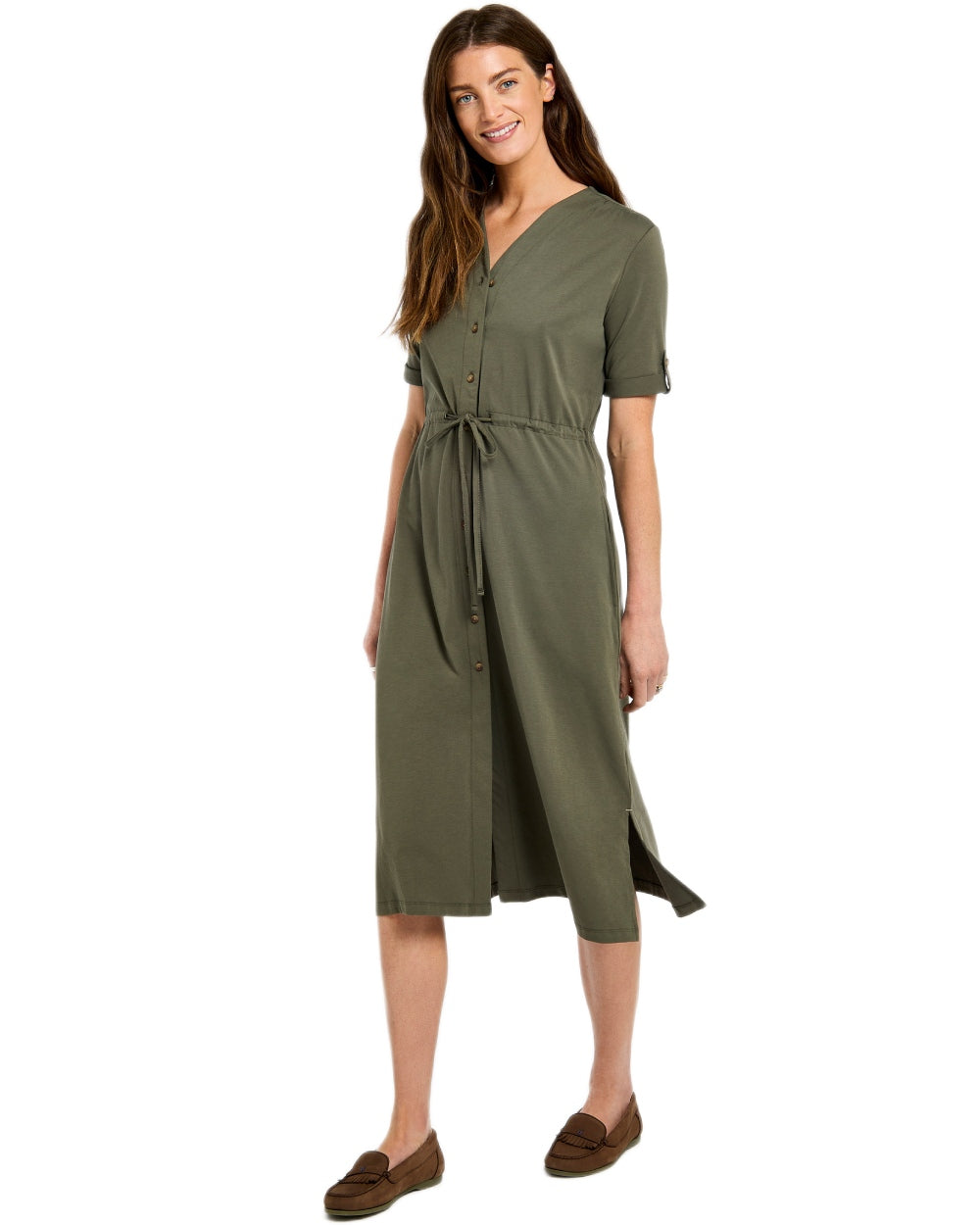 Kelp coloured Dubarry Womens Hanlon Midi Length Shirt Dress on white background 