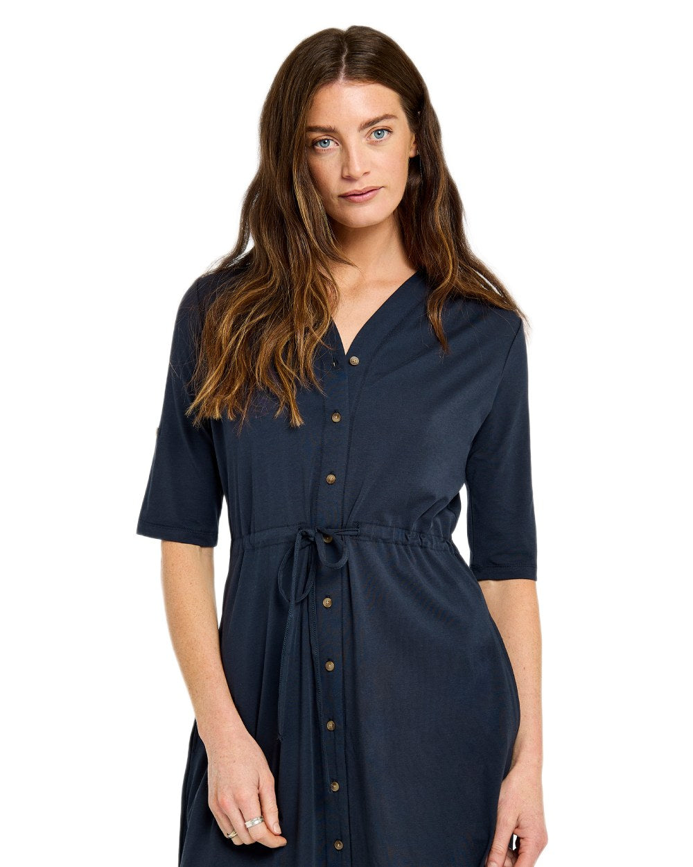 Navy coloured Dubarry Womens Hanlon Midi Length Shirt Dress on white background 