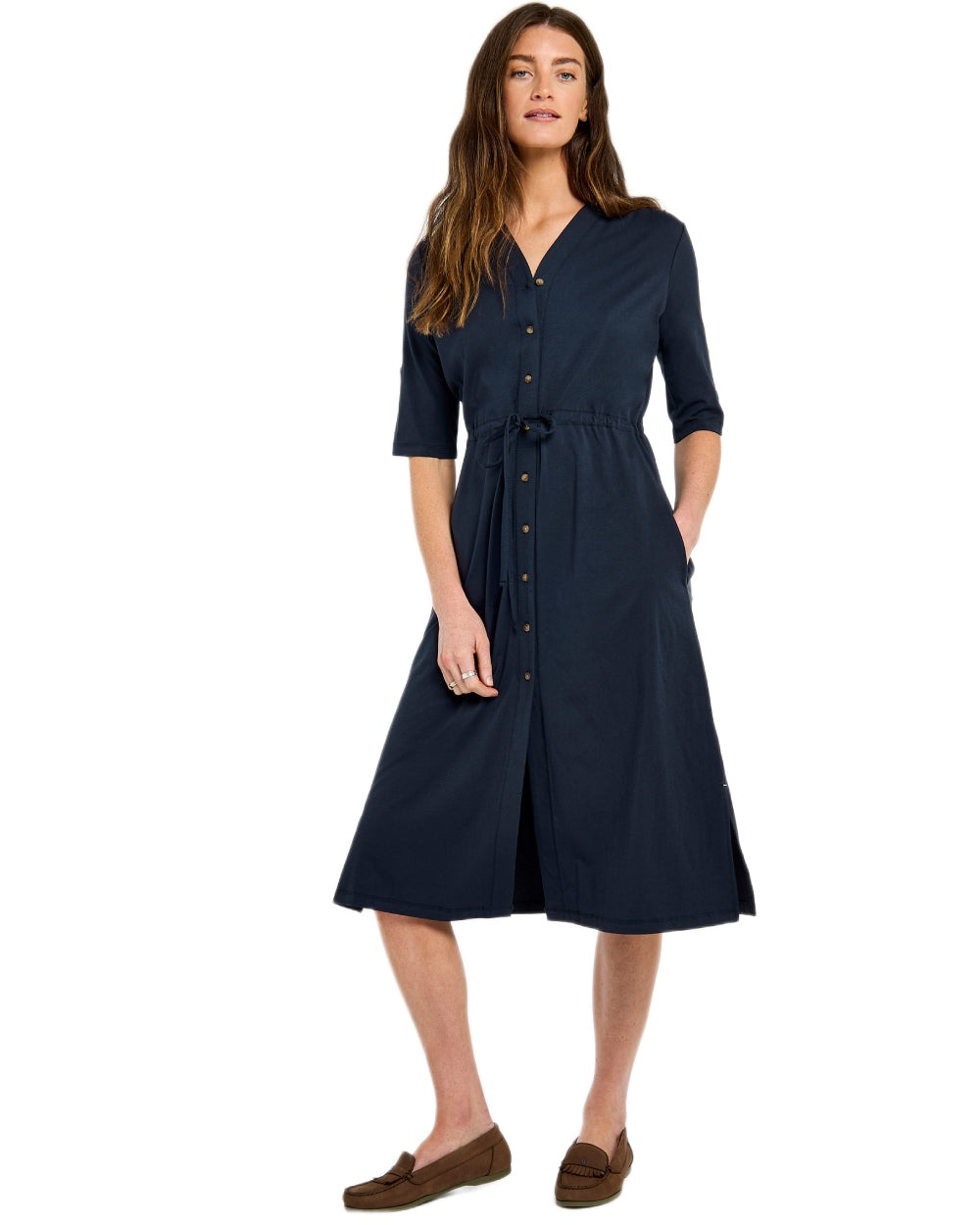 Navy coloured Dubarry Womens Hanlon Midi Length Shirt Dress on white background 