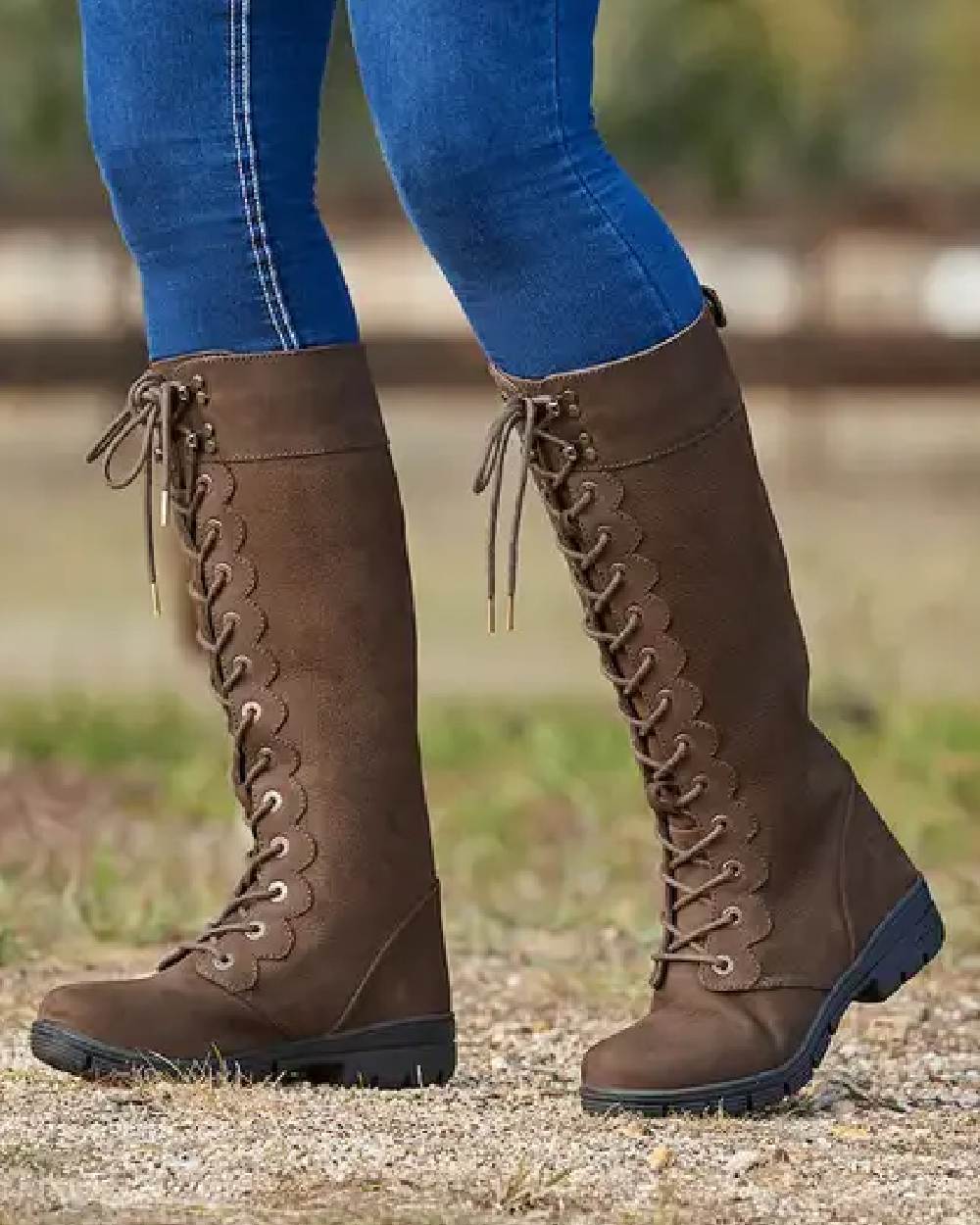 Chocolate coloured Dublin Admiral Boots on grassy background 