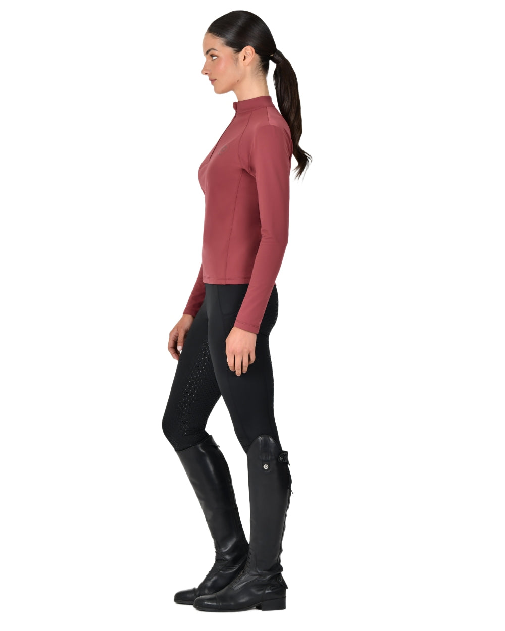 Cabernet coloured Dublin Womens Brushed Long Sleeve Riding Top on white background 