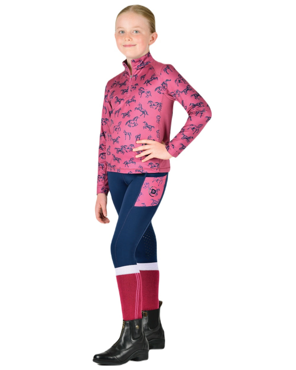 Red Violet Frolicking Horses coloured Dublin Childrens Autumn Sally Long Sleeve Riding Top on white background 