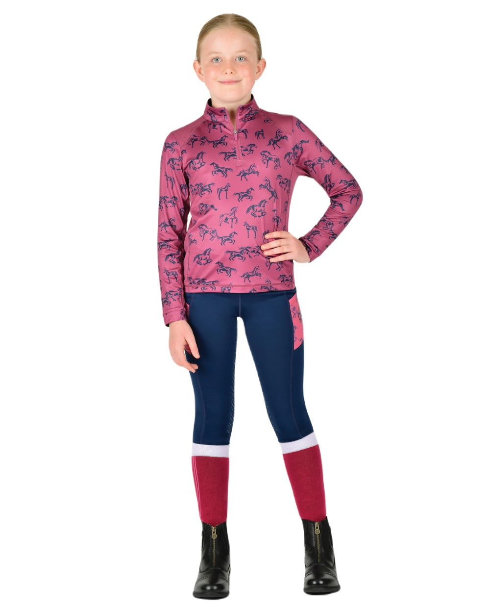 Red Violet Frolicking Horses coloured Dublin Childrens Autumn Sally Long Sleeve Riding Top on white background 