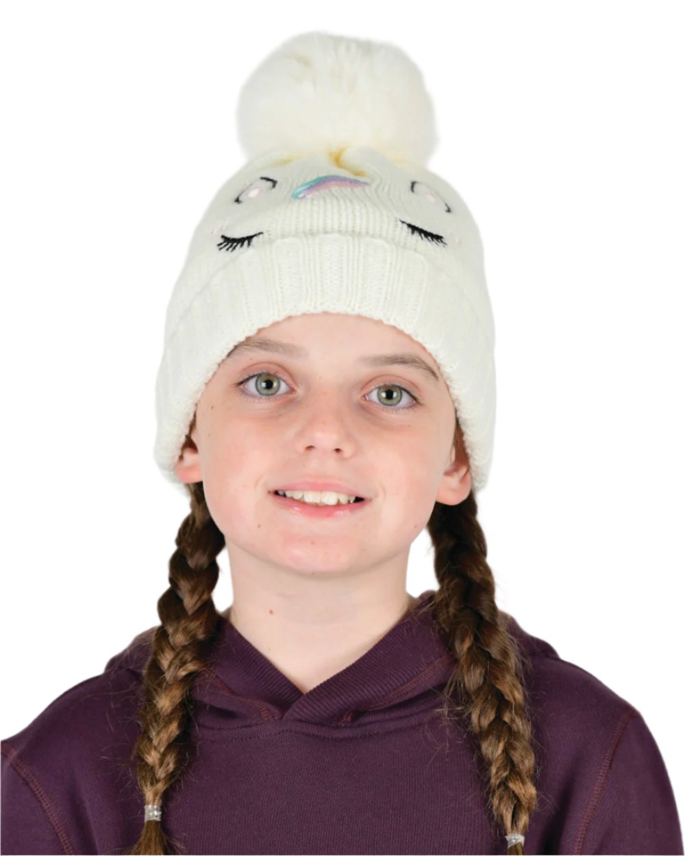 White coloured Dublin Childrens Embroidered Unicorn Beanie on white background 