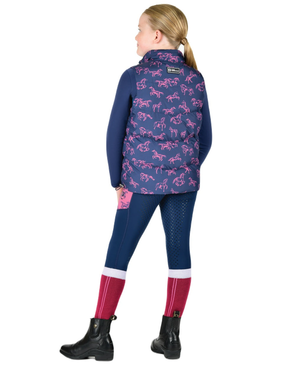 Navy Frolicking Horses coloured Dublin Childrens Patrice Everyday Puffer Vest on white background 