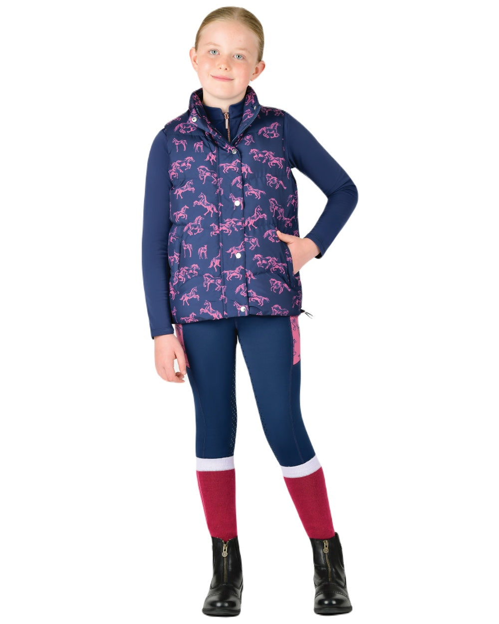 Navy Frolicking Horses coloured Dublin Childrens Patrice Everyday Puffer Vest on white background 