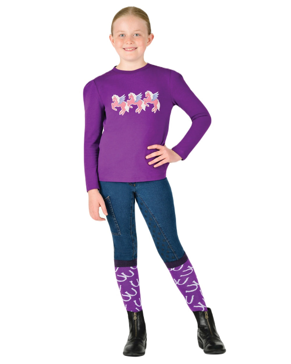 Imperial Purple Winged Ponies coloured Dublin Childrens Poppy Puff Sleeve Tee on white background 