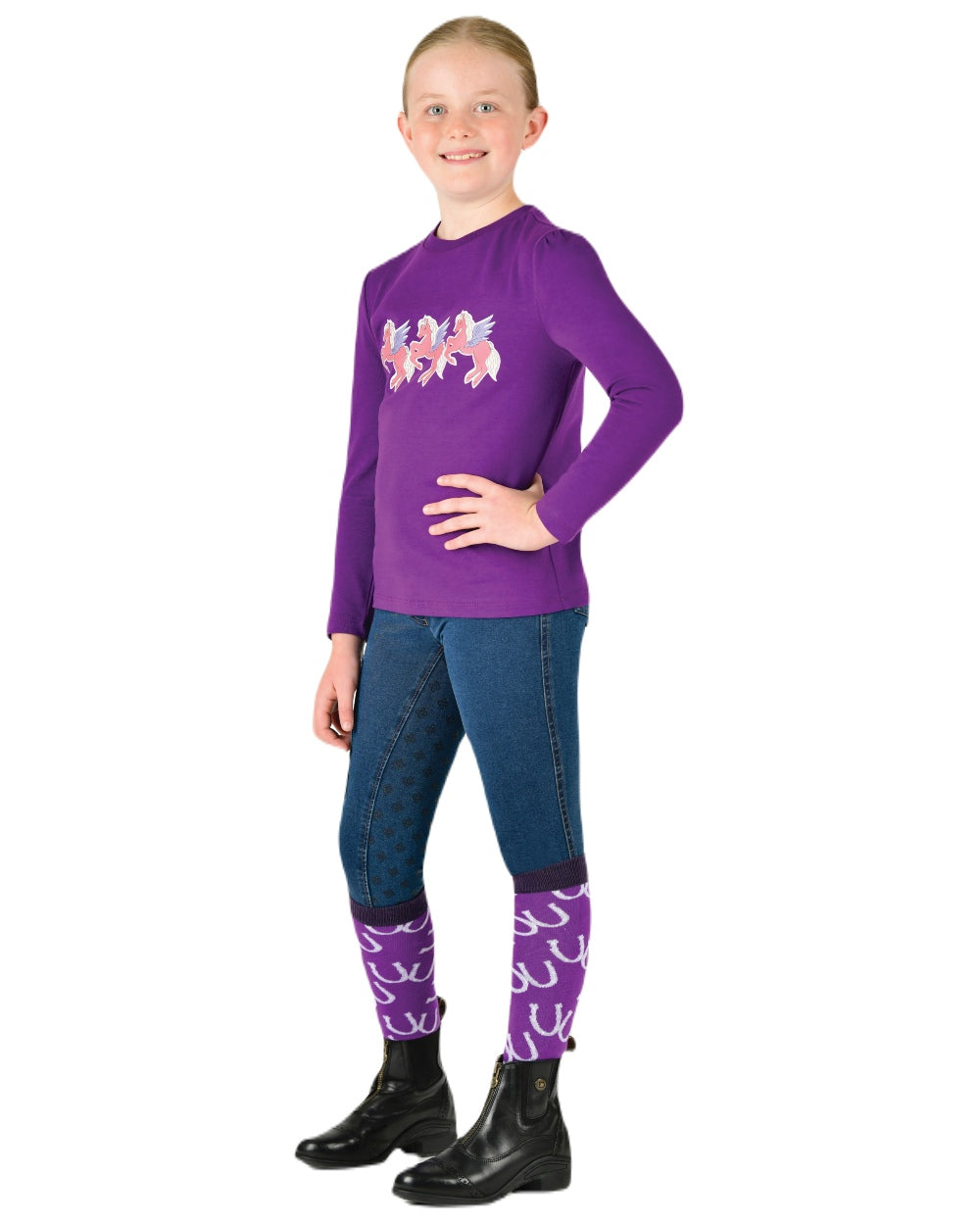 Imperial Purple Winged Ponies coloured Dublin Childrens Poppy Puff Sleeve Tee on white background 