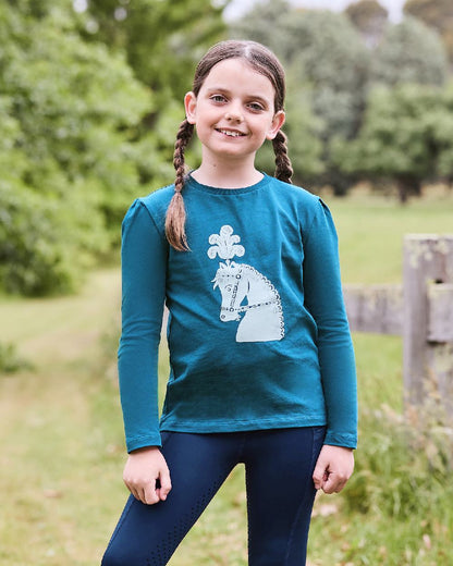 Legion Blue Pony Silhouette coloured Dublin Childrens Poppy Puff Sleeve Tee on blurry background 