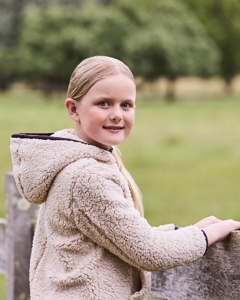 Natural Plum Perfect Trim coloured Dublin Childrens Talia Teddy Pullover on barn background 