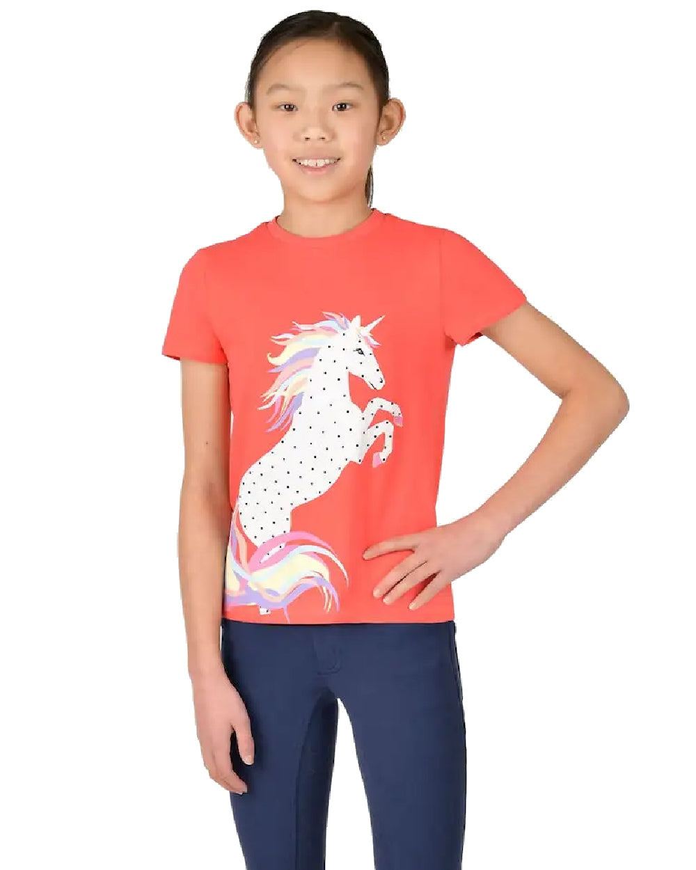 Coral Rainbow Horse coloured Dublin Childrens Tilly Tee on white background 