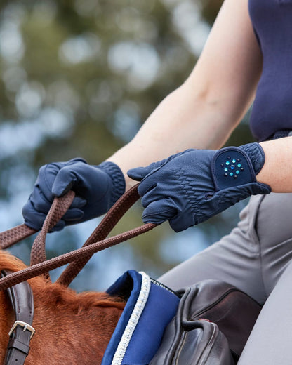 Navy Coloured Dublin Everyday Bling Riding Gloves on horse background 
