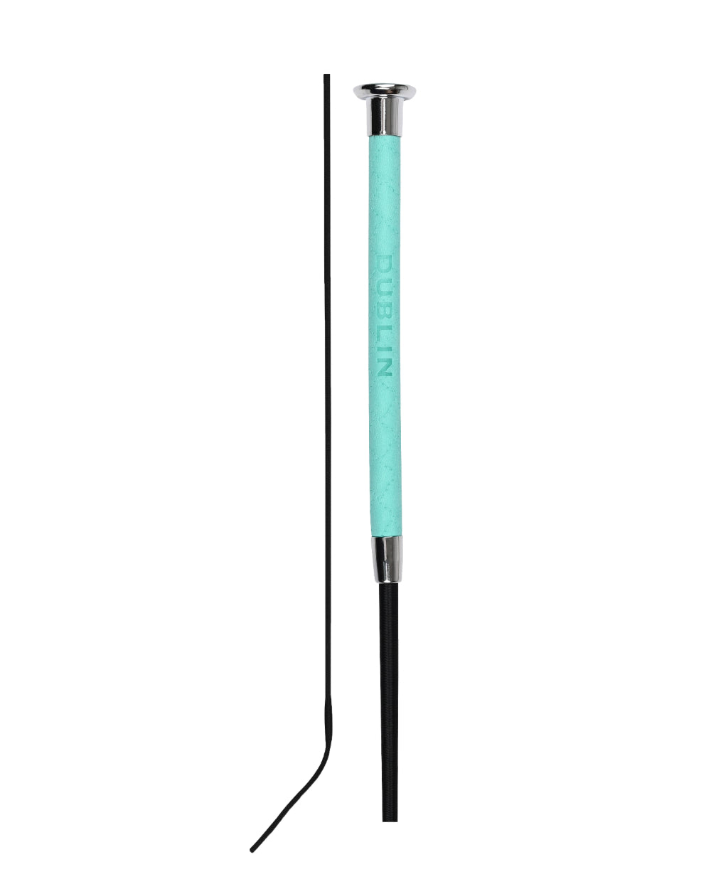 Turquoise Coloured Dublin Fancy Stitch Leather Dressage Whip on white background 