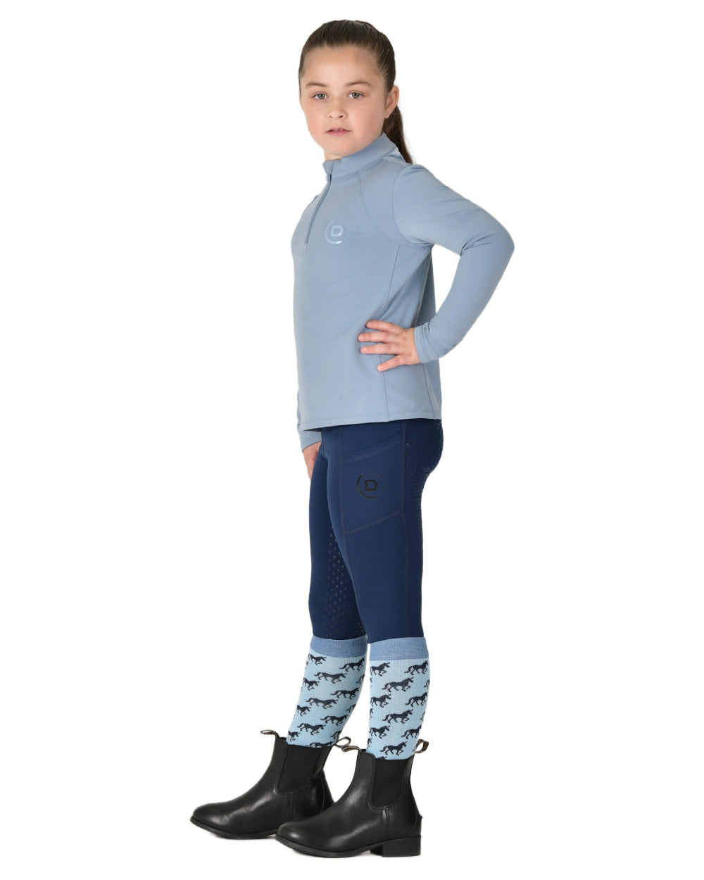 Blue Fog coloured Dublin Kids Brushed Long Sleeve Riding Top on white background 