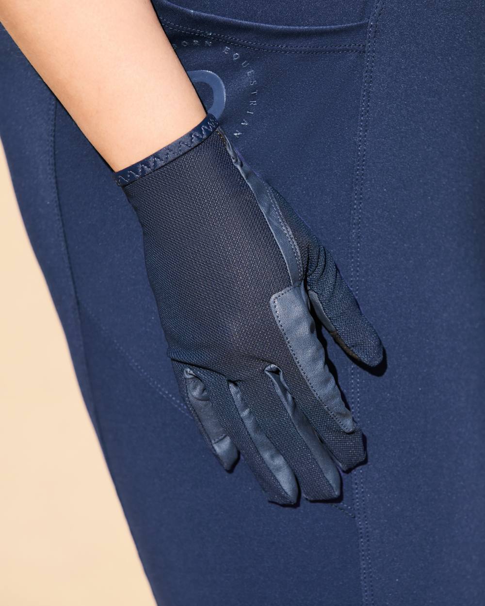Navy Coloured Dublin Pull On Cool Mesh Riding Gloves on outdoor background 