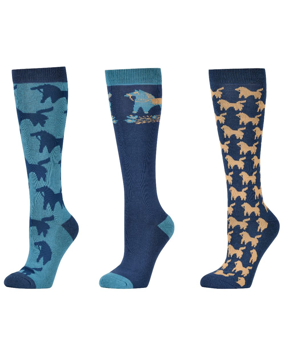 Navy Nordic Ponies coloured Dublin Three Pack Socks on white background 