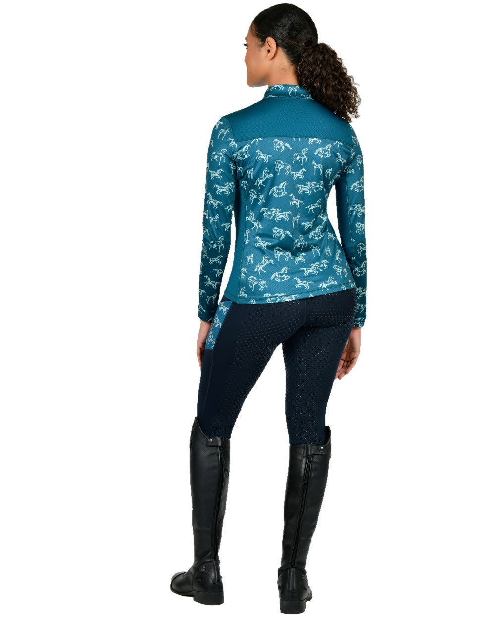 Legion Blue Frolicking Horses coloured Dublin Womens Autumn Sally Long Sleeve Riding Top on white background 