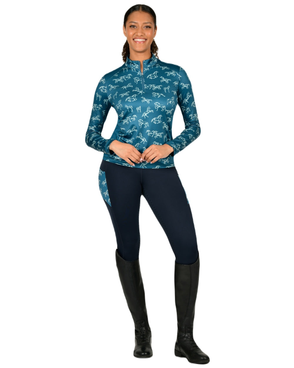 Legion Blue Frolicking Horses coloured Dublin Womens Autumn Sally Long Sleeve Riding Top on white background 