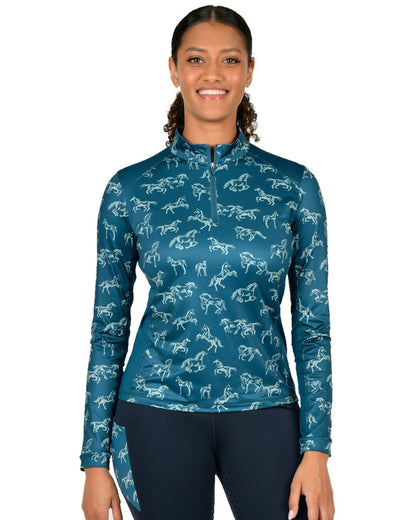 Legion Blue Frolicking Horses coloured Dublin Womens Autumn Sally Long Sleeve Riding Top on white background 